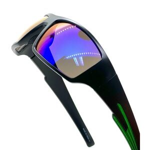 Men's‎ Black Sunglasses With Green Accents & Mirrored Blue Lenses Sport Running